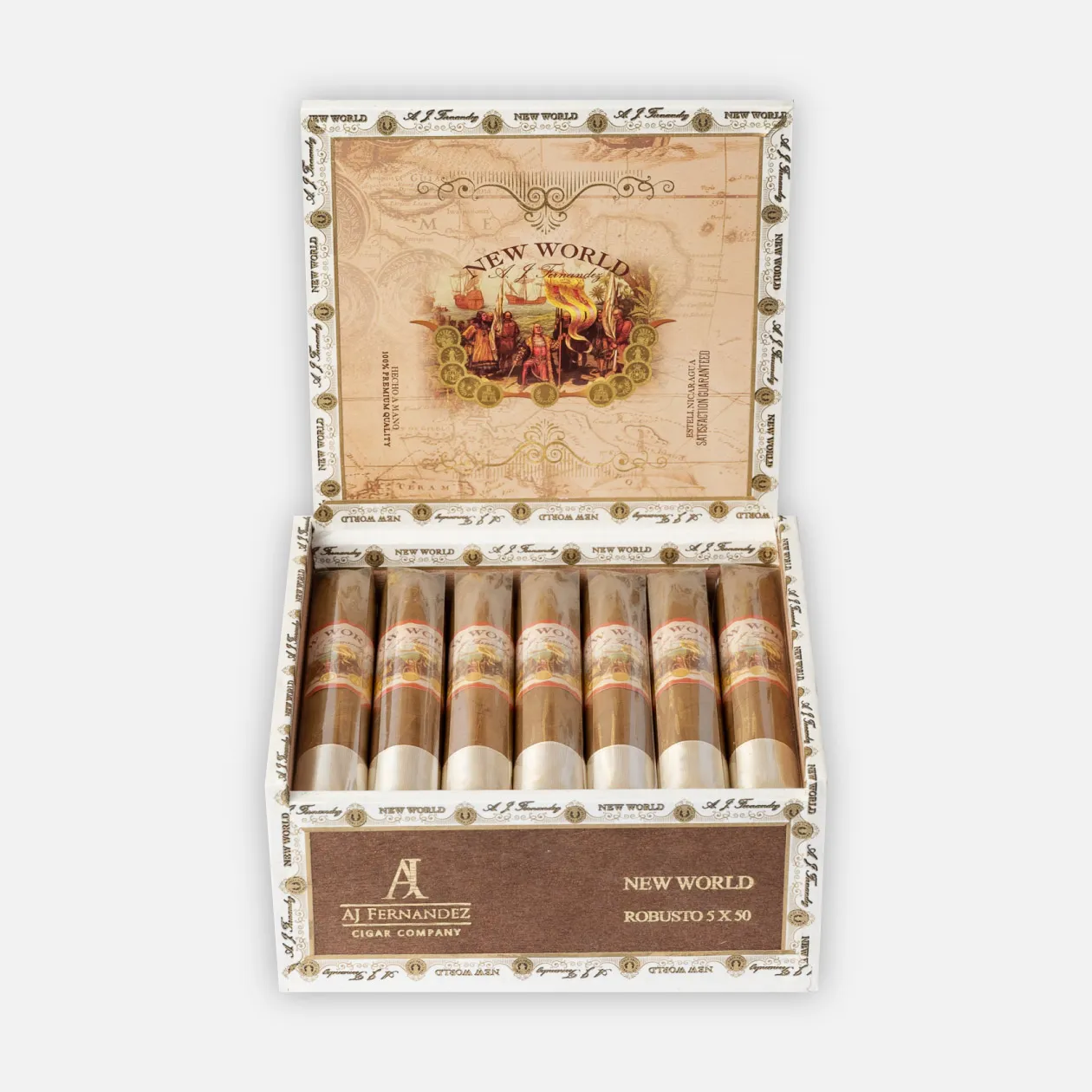AJ Fernandez New World Robusto cigars in elegant open box display.