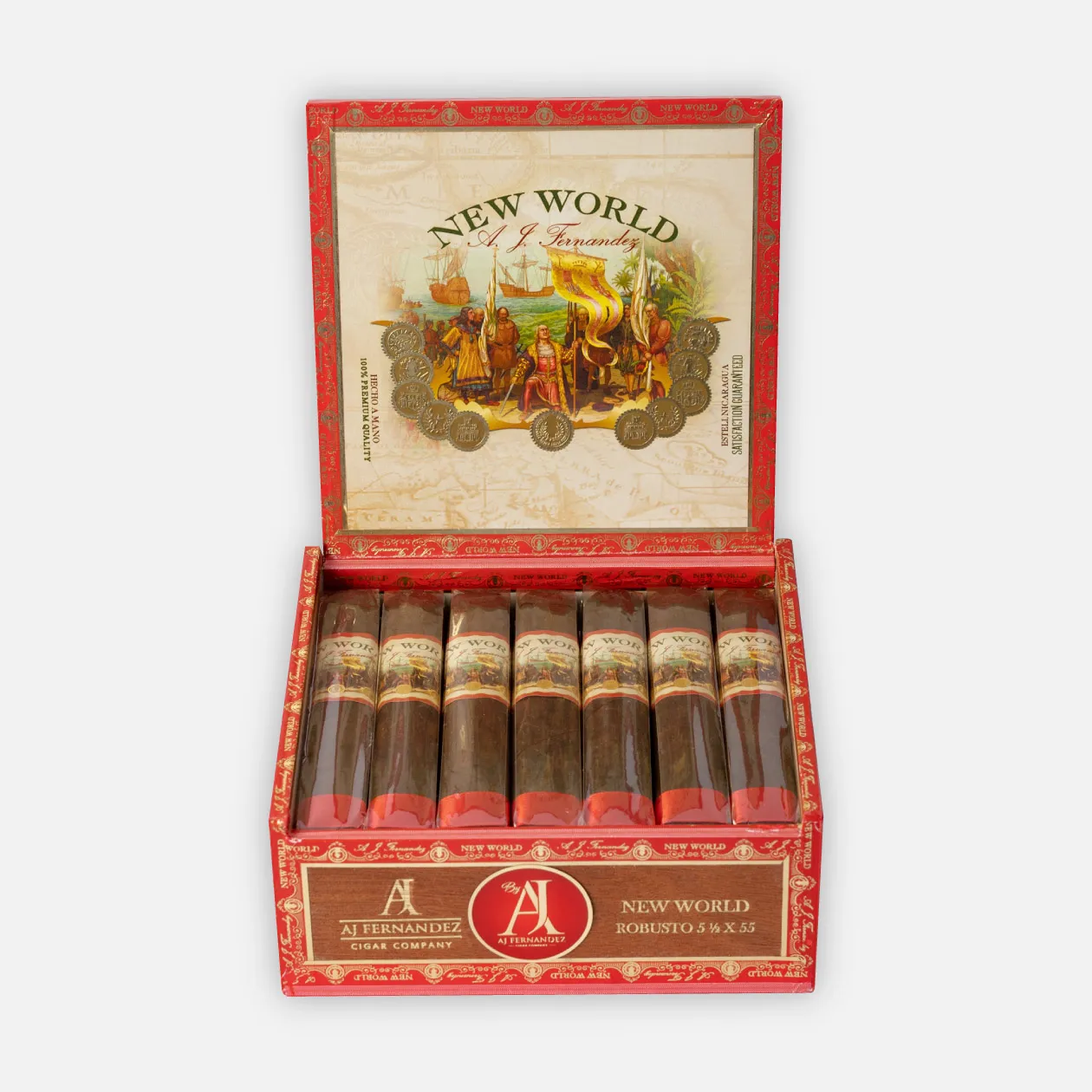 AJ Fernandez New World Robusto cigars with rich, vibrant packaging.