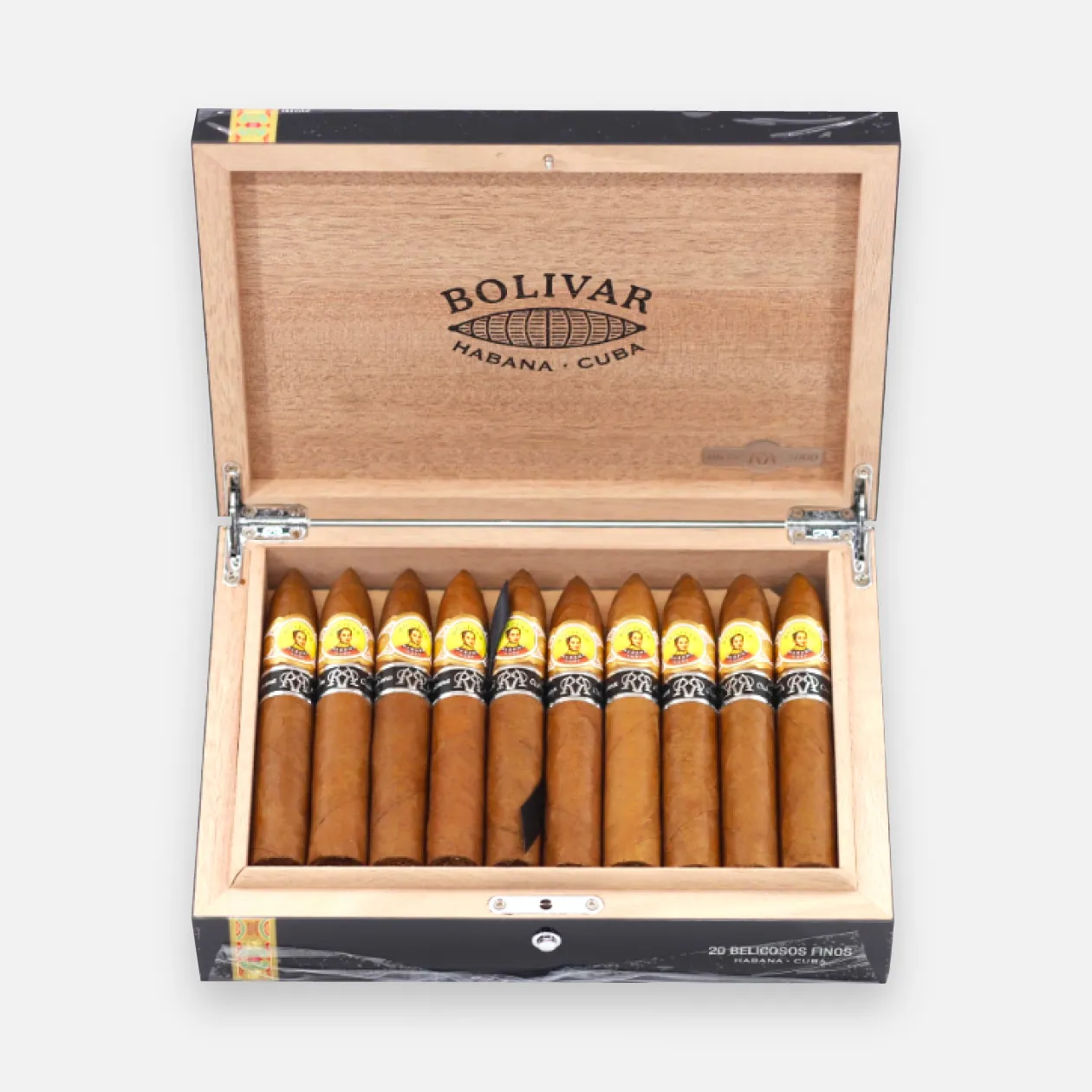 Bolivar Belicosos Finos cigars in a wooden box.