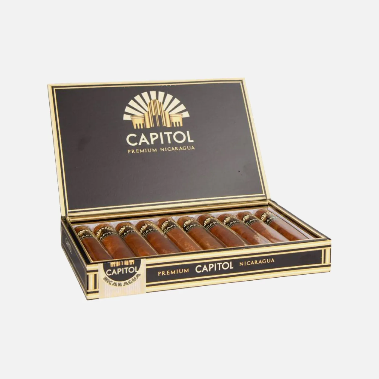 Capitol Premium Nicaragua cigars in an elegant black and gold box.