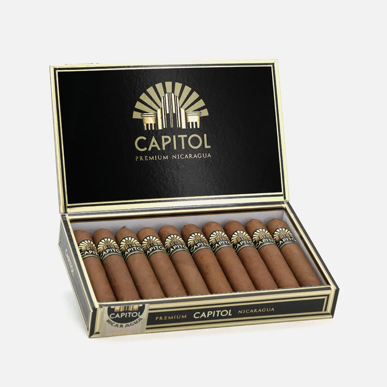 Capitol Premium Nicaragua cigars in elegant black and gold packaging.