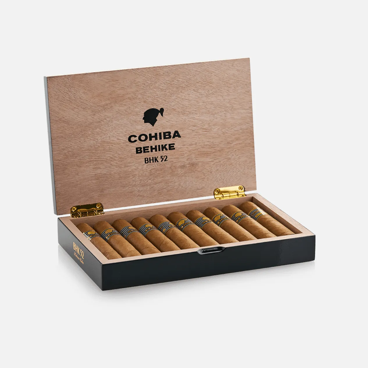 Cohiba Behike BHK 52 cigars in an elegant wooden box.
