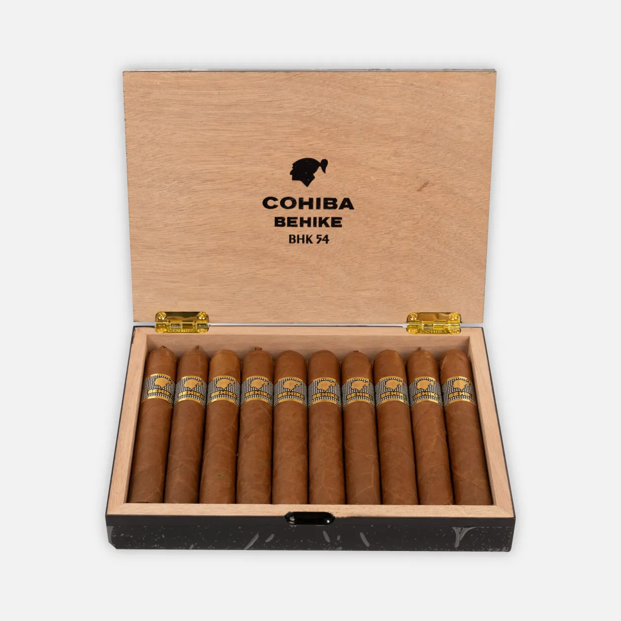 Cohiba Behike BHK 54 cigars in a luxurious wooden box.