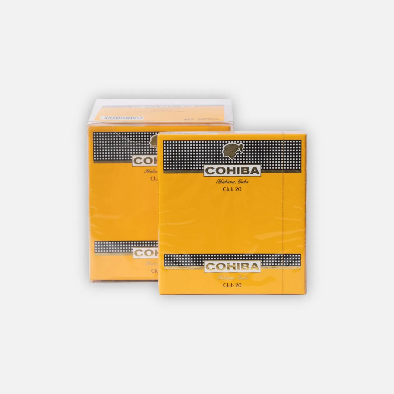 Cohiba Club 20 cigars, luxurious yellow packaging.