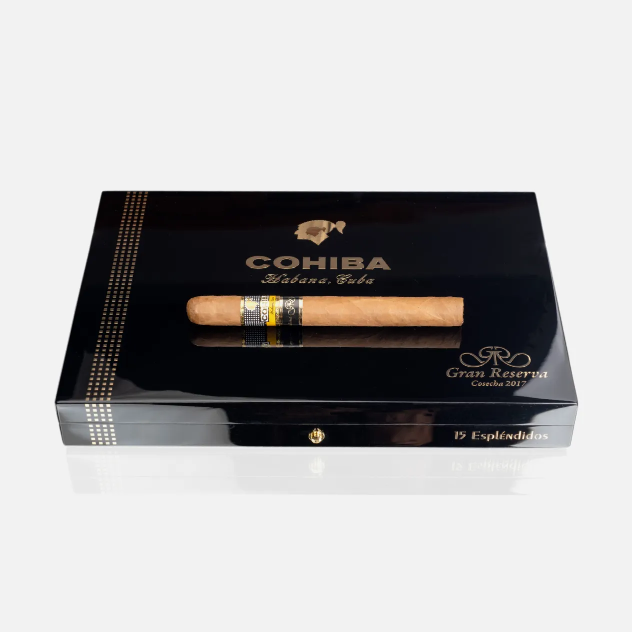 Cohiba Gran Reserva cigar, elegant black packaging.