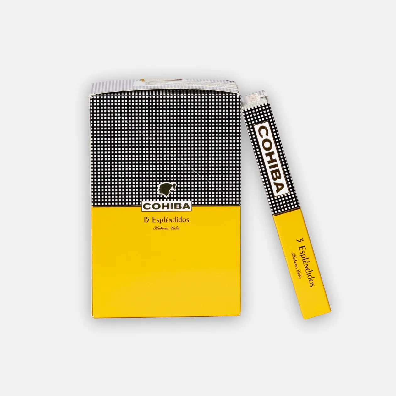 Cohiba Espléndidos cigars, luxury Cuban with iconic yellow and black design.