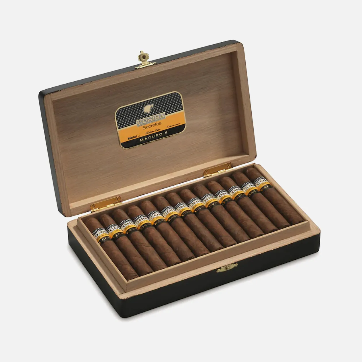 Cohiba Maduro 5 Secretos cigars in a wooden box, elegant presentation.