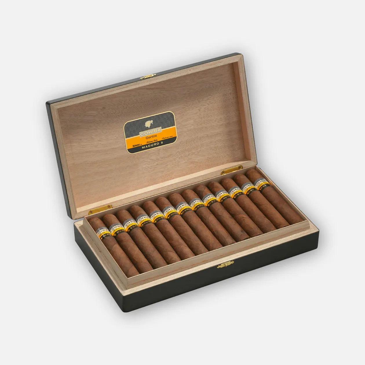 Cohiba Maduro 5 cigars in elegant wooden box.
