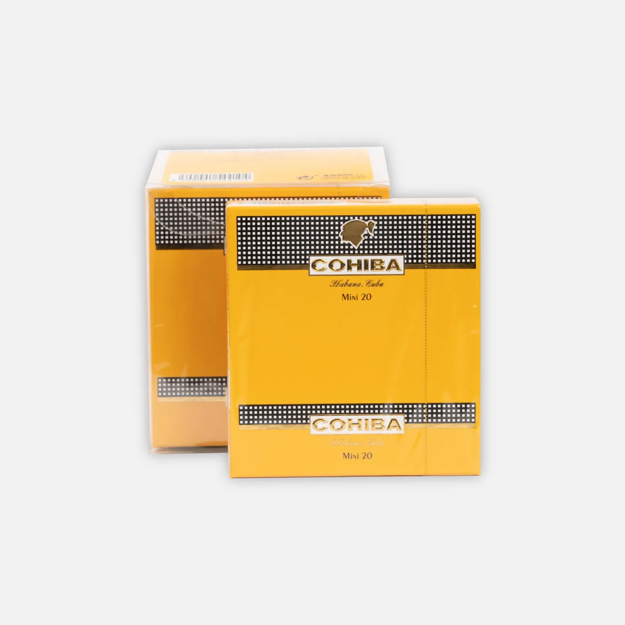 Cohiba Mini 20, premium Cuban cigar pack, elegant yellow packaging.