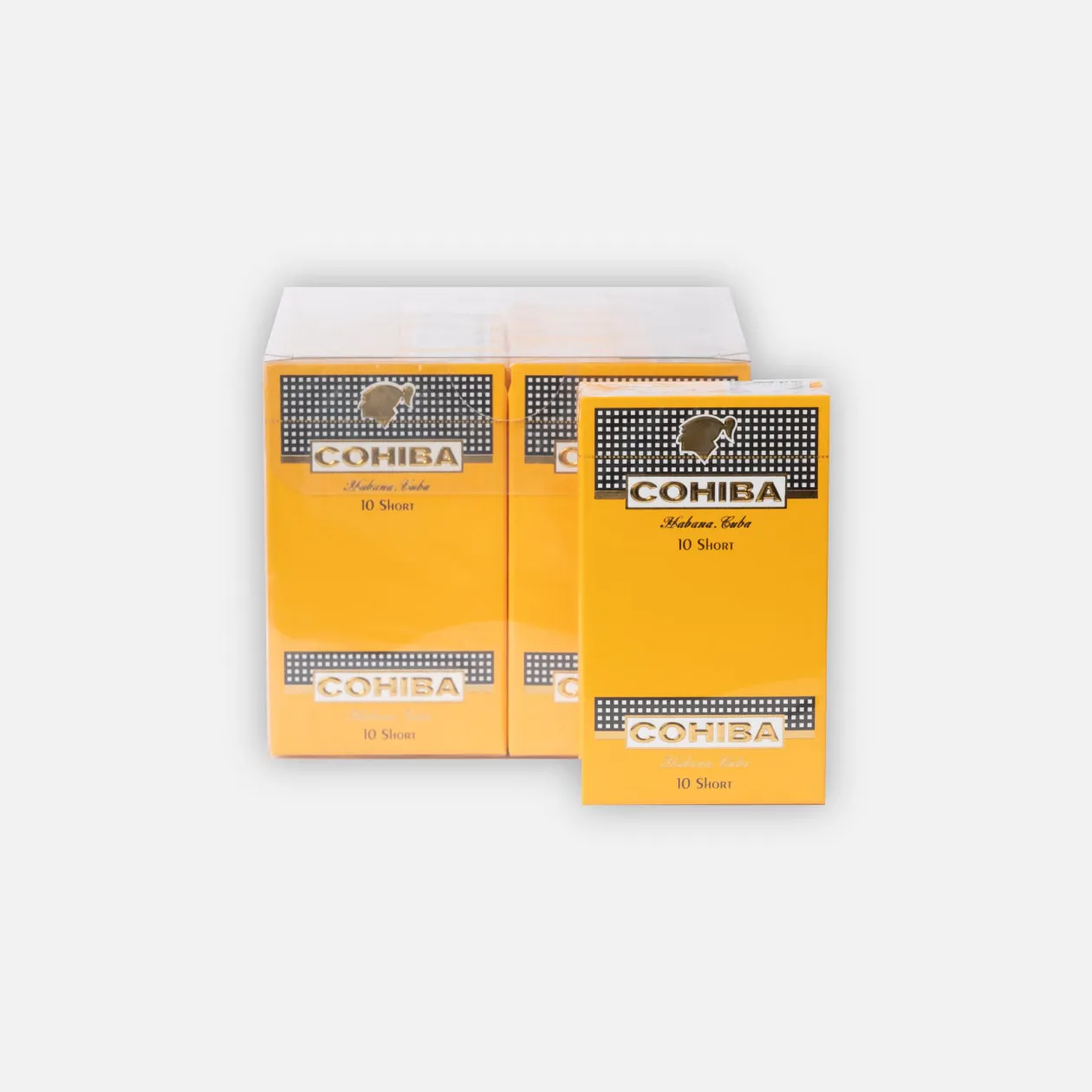 Cohiba cigars, premium Havana, yellow packaging with classic branding.