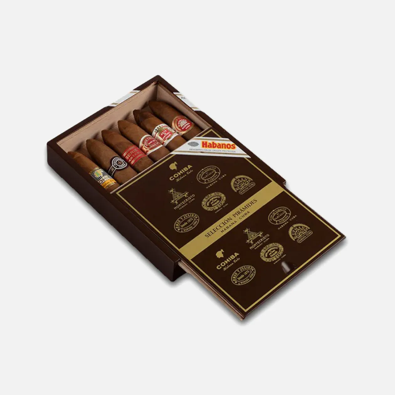 Habanos Selección Pirámides cigars in elegant presentation box.