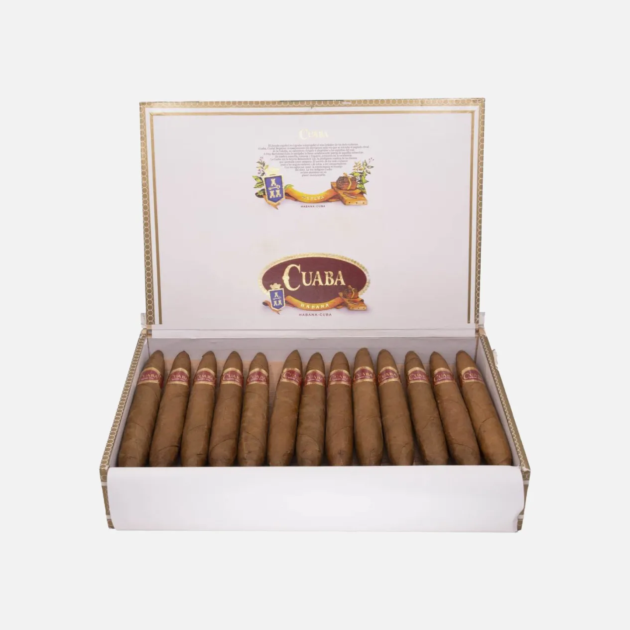 Cuaba cigars in an elegant, open presentation box.