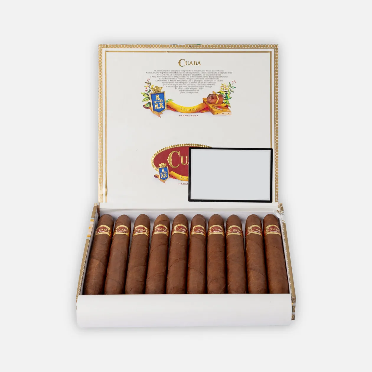 Cuaba cigars in an elegant open box, rich and classic presentation.