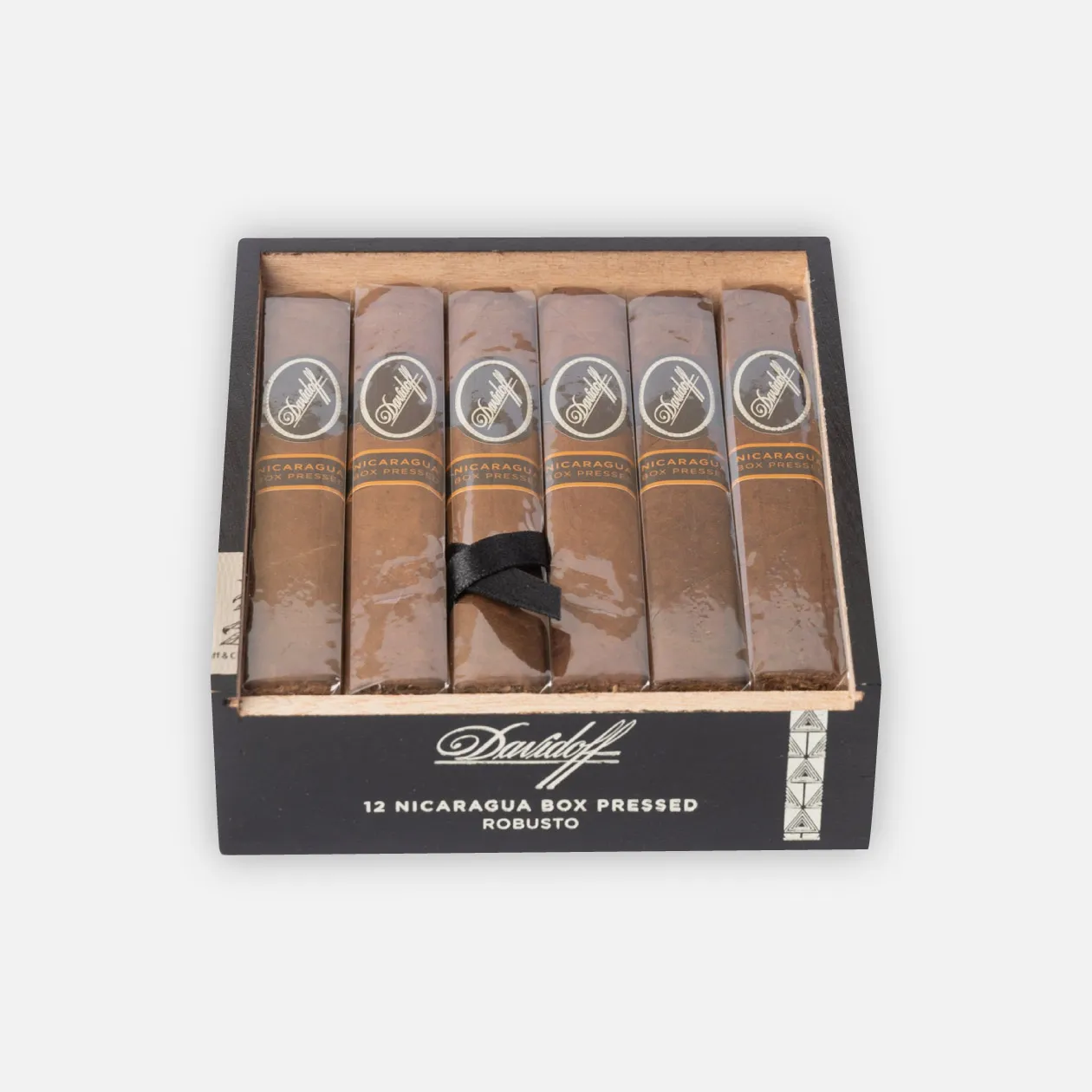 Davidoff Nicaragua Box Pressed Robusto cigars in luxurious black packaging.