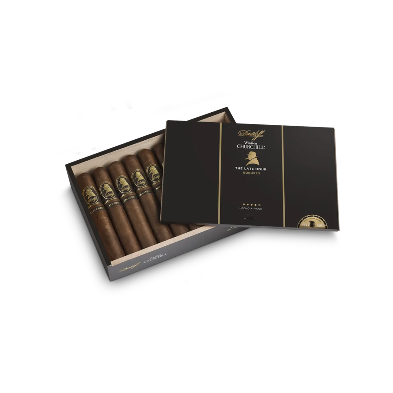 Davidoff Winston Churchill The Late Hour Robusto cigars in elegant black box.
