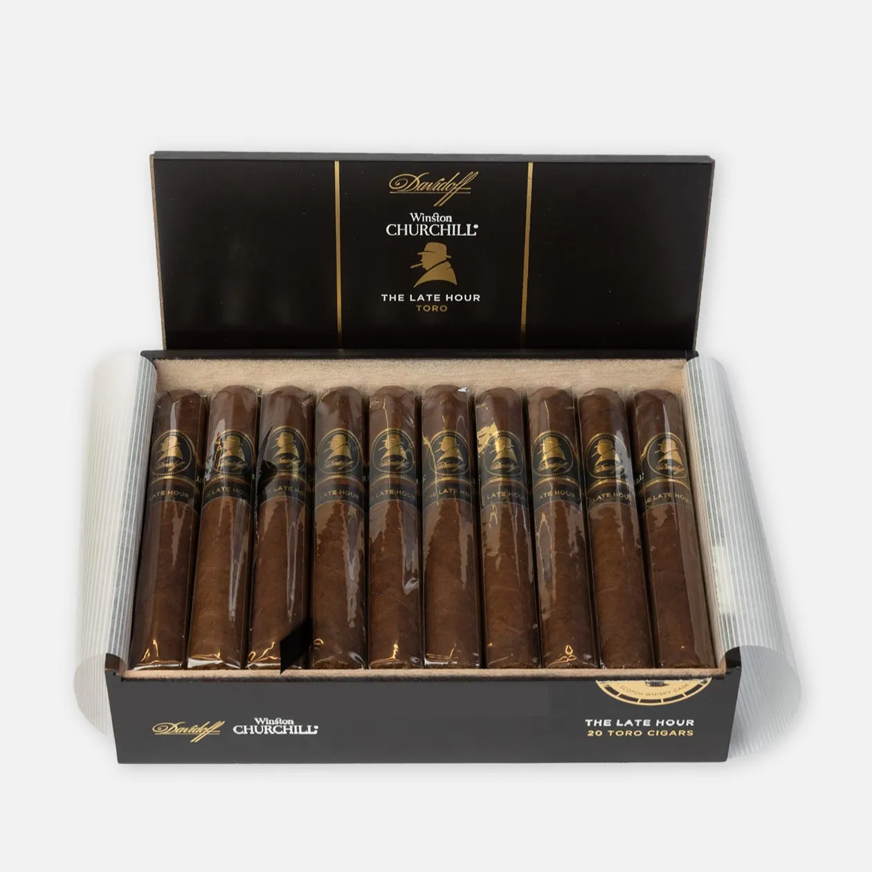 Davidoff Winston Churchill The Late Hour Toro cigars in elegant black packaging.