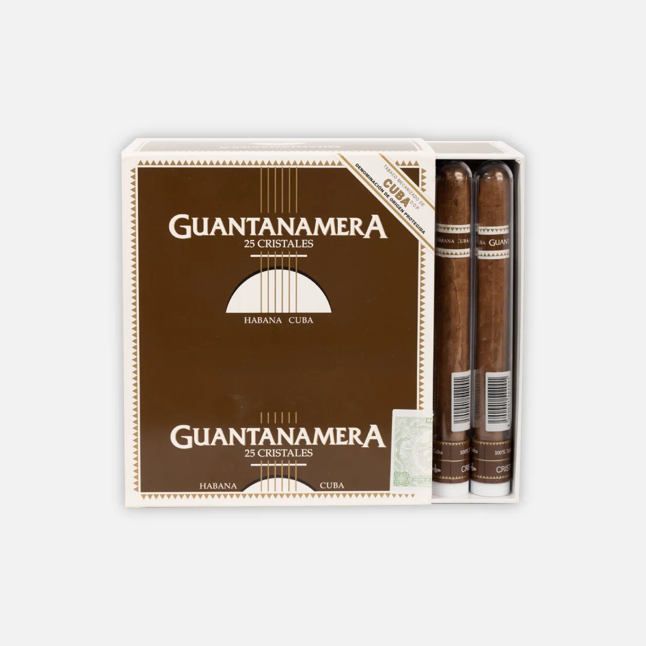 Guantanamera 25 Cristales Cuban cigars in sleek brown packaging.
