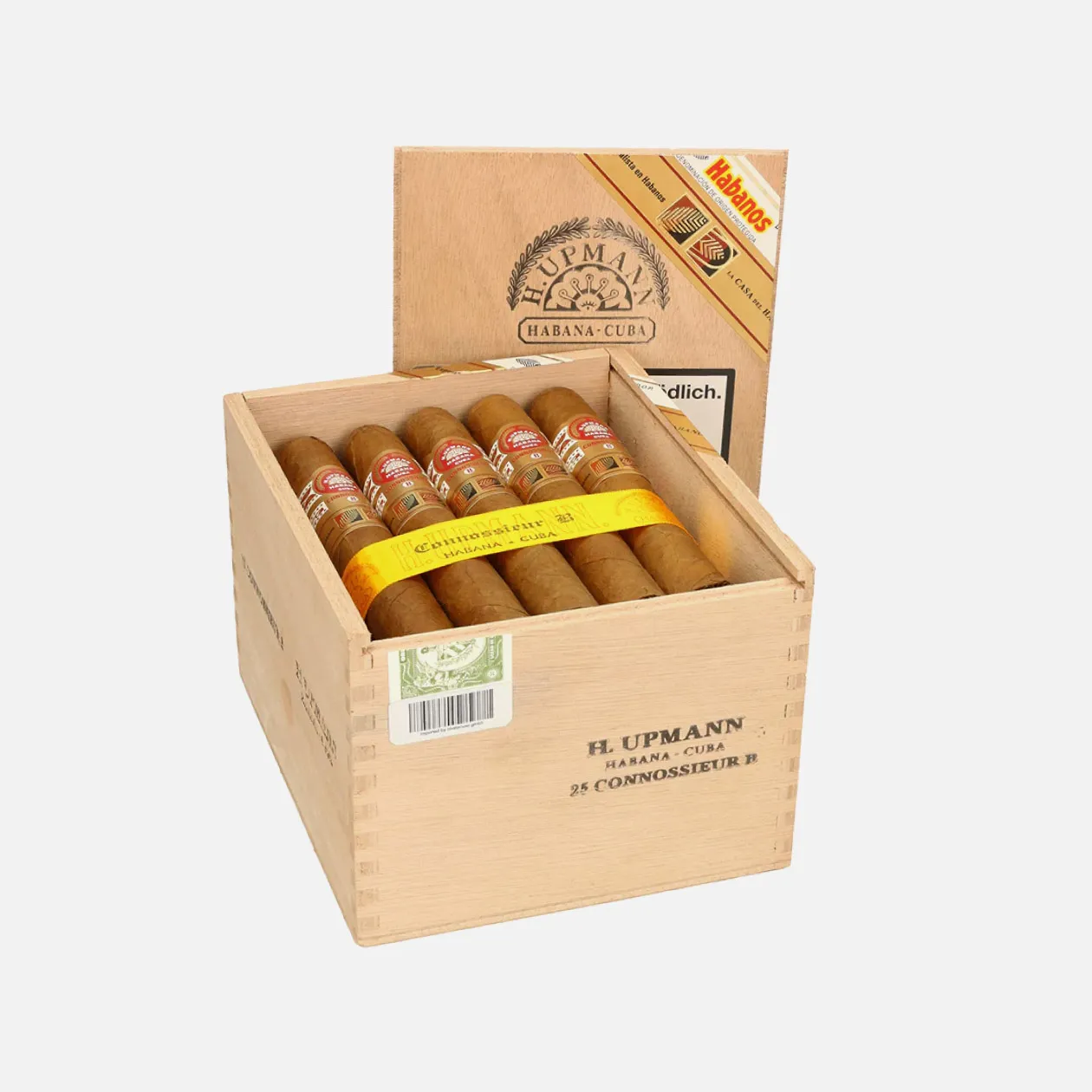 H. Upmann 25 Connoisseur B cigars in a wooden box.