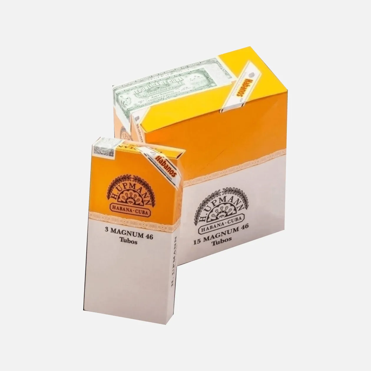 H. Upmann Magnum 46 Tubos, Cuban cigars with elegant yellow packaging.