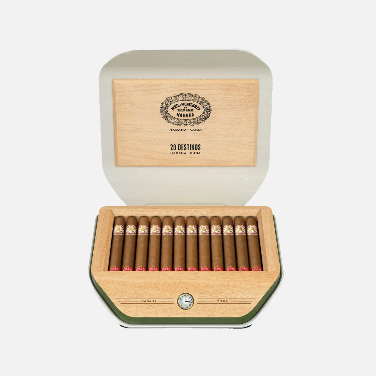 Hoyo de Monterrey cigars in elegant wooden box with vintage design.