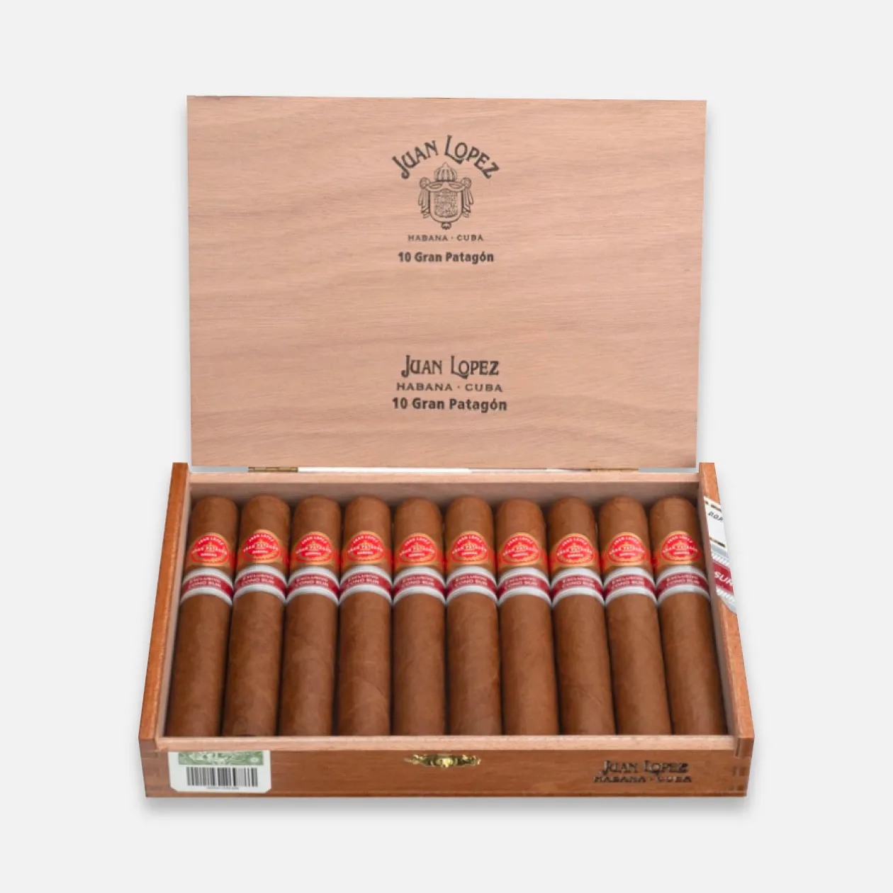 Juan Lopez Gran Patagón cigars in an elegant wooden box.