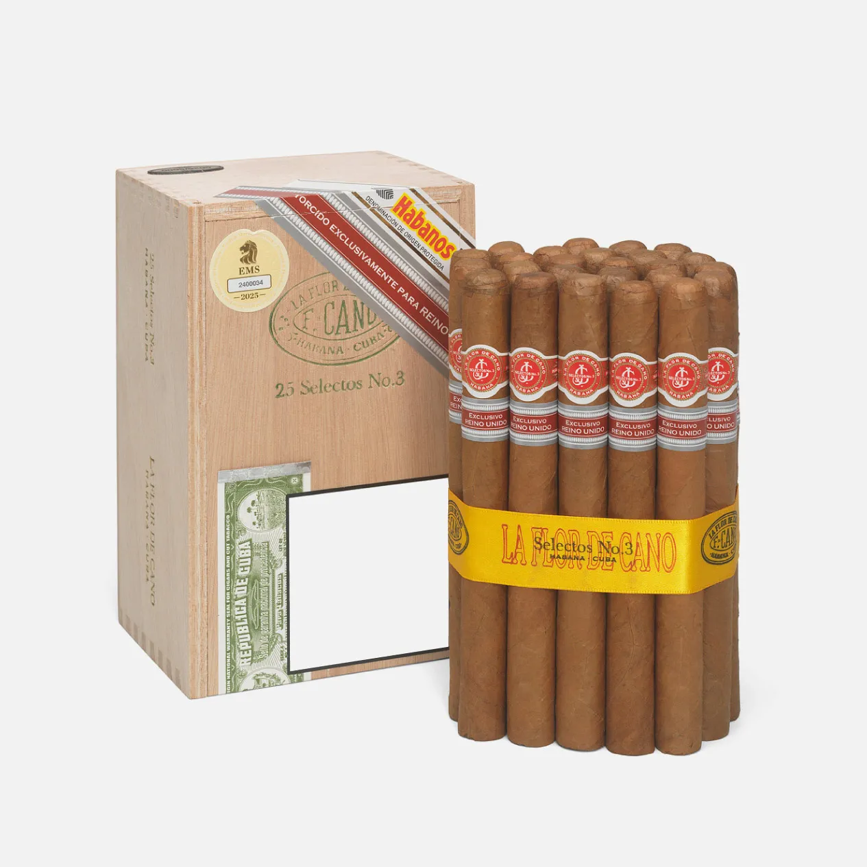 La Flor de Cano Selectos No.3 cigars with classic Cuban packaging.