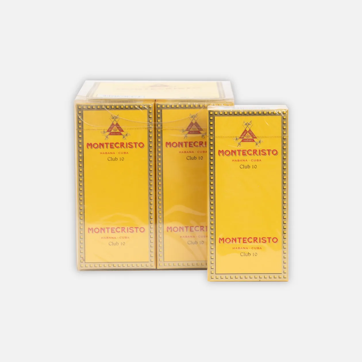 Montecristo Club 10 cigars, yellow box, classic and elegant design.