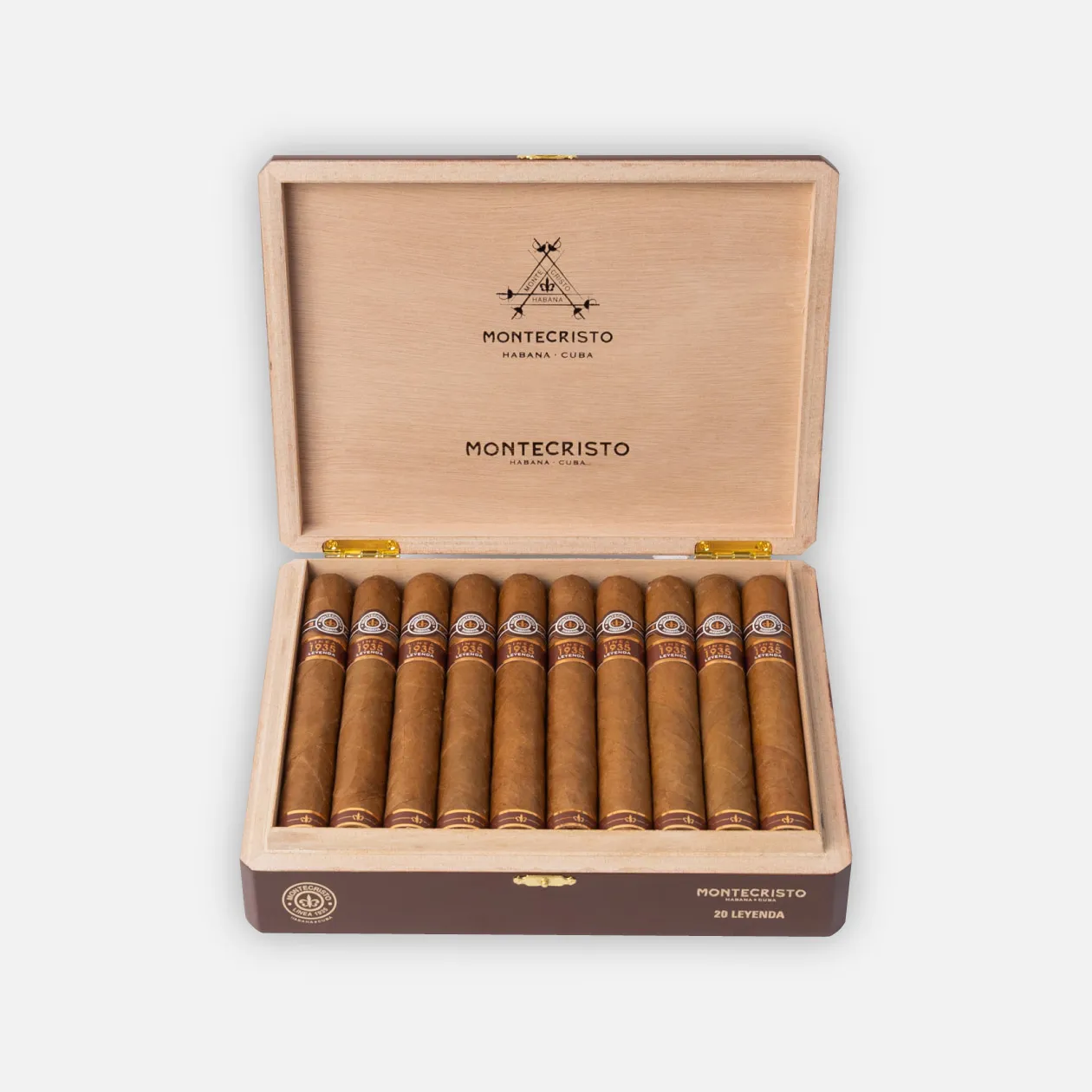 Montecristo Leyenda cigars in elegant wooden box.