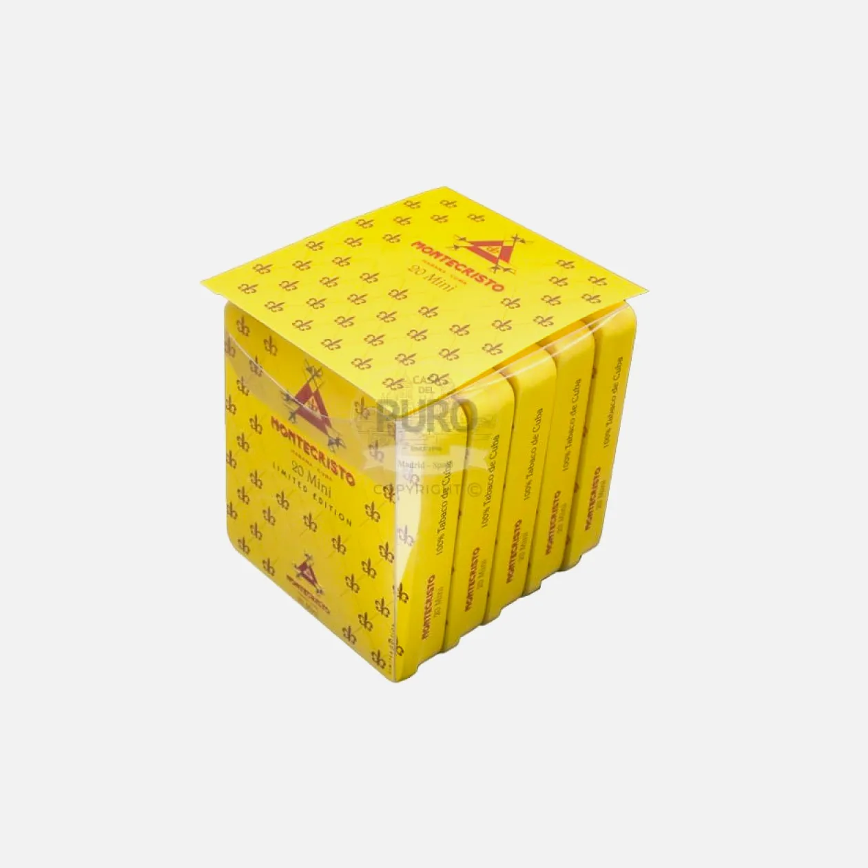 Montecristo Mini Cigar Pack, vibrant yellow design with a classic logo.