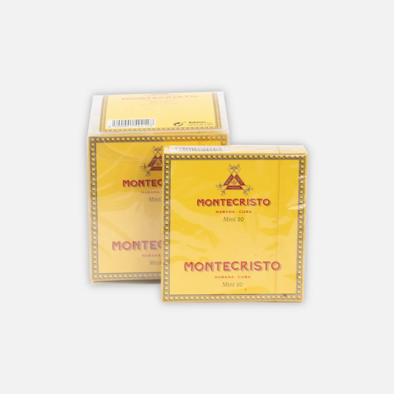 Montecristo Mini 20 cigars, yellow box, elegant Cuban brand.