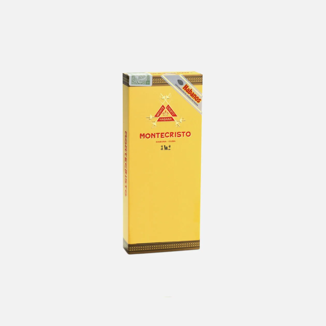 Montecristo No. 2 Cuban cigars, elegant yellow packaging.