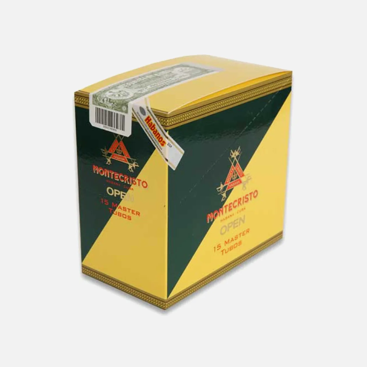 Montecristo Open 15 Master Tubos cigars in elegant yellow-green box.