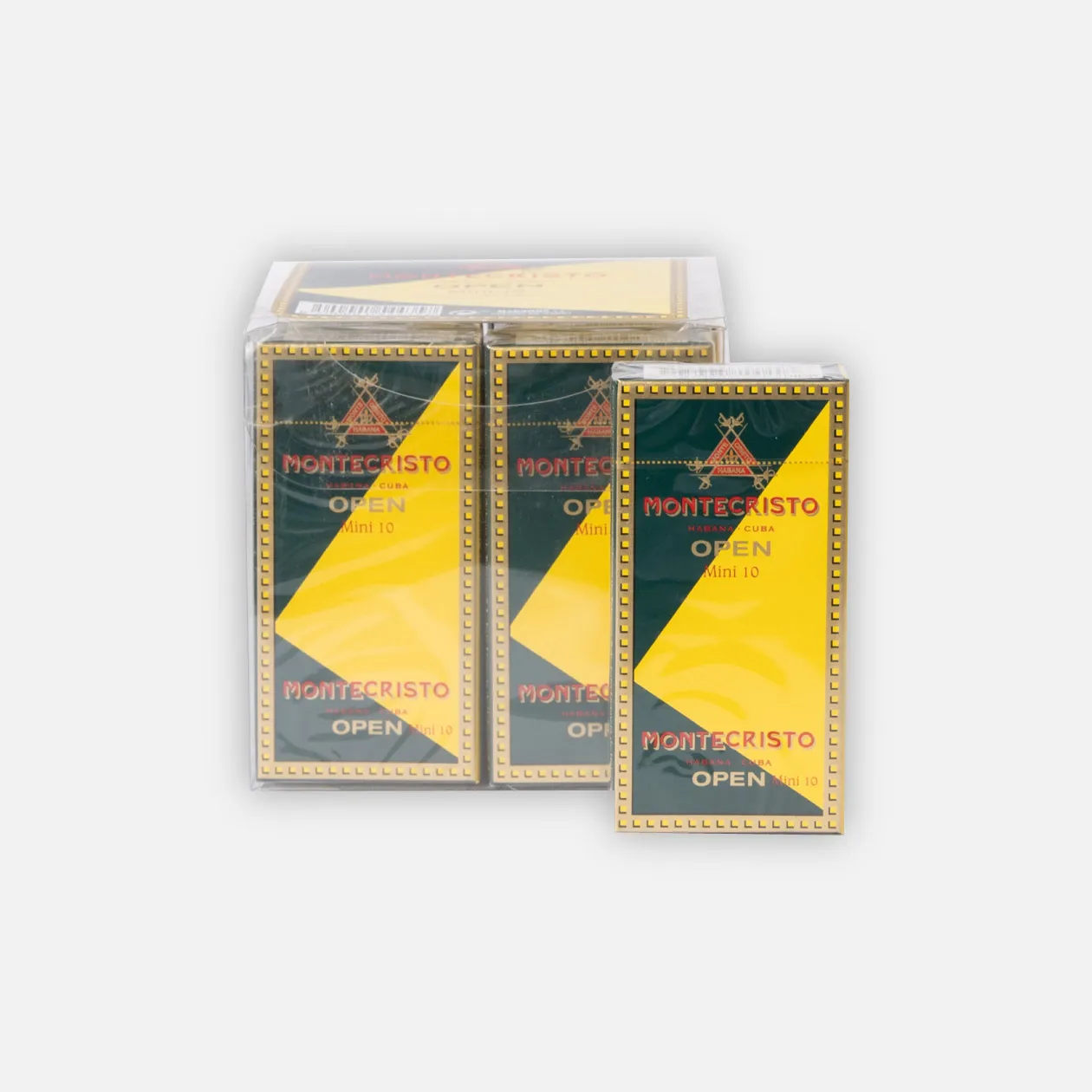 Montecristo Open Mini 10, sleek yellow and green packaging.
