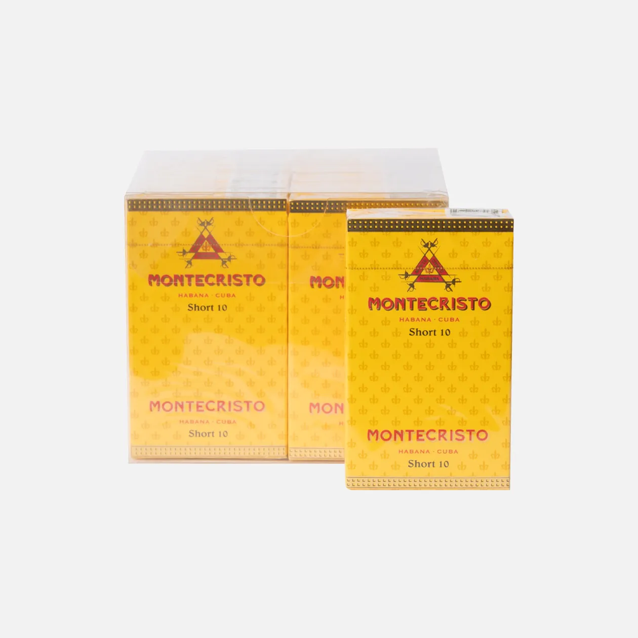 Montecristo Short 10 Cuban cigars in yellow packaging.