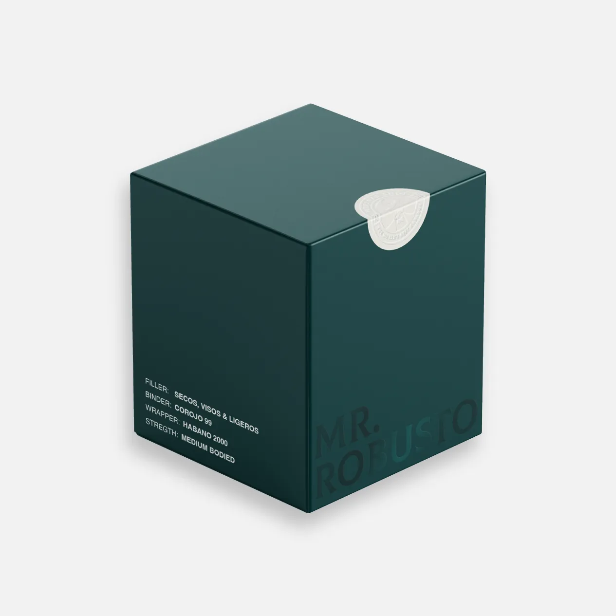 Mr. Robusto medium-bodied cigars in elegant dark green box.