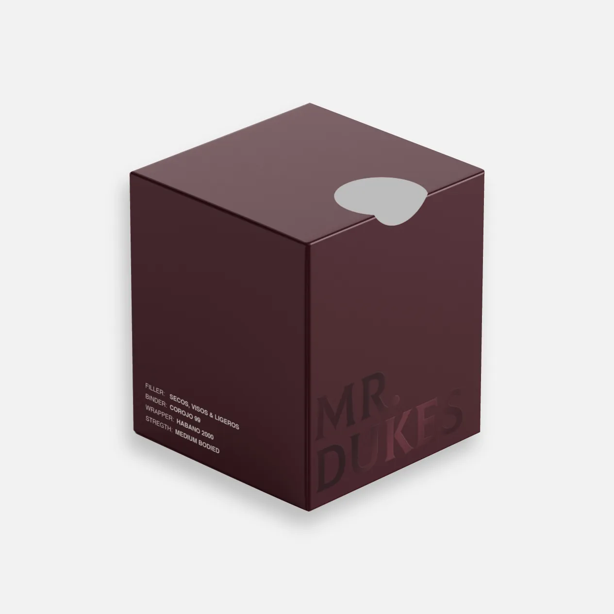Mr. Dukes cigar box, sophisticated maroon design.