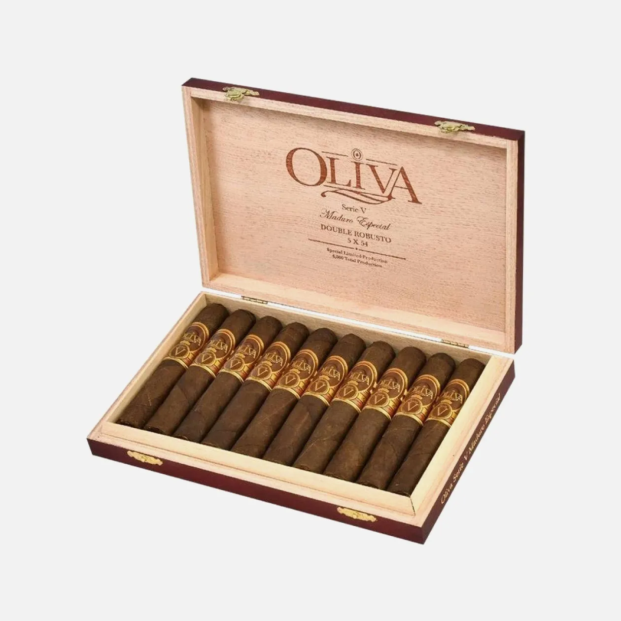 Oliva Series V Maduro Special Double Robusto cigars, elegant wooden box presentation.