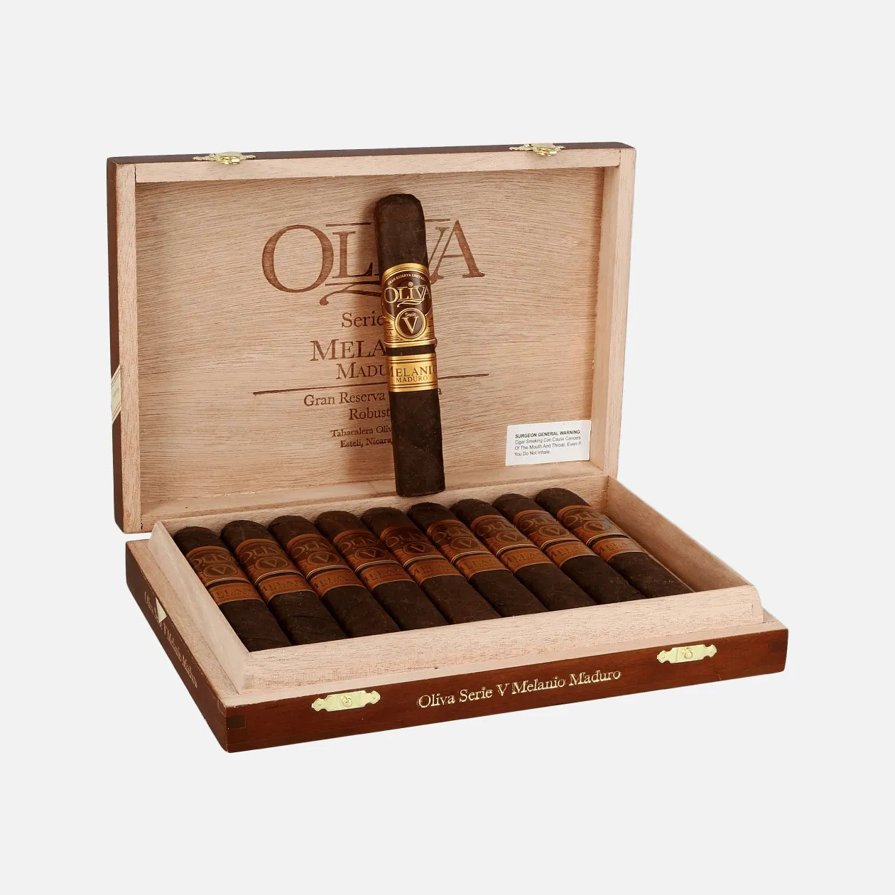 Oliva Serie V Melanio Maduro cigars in an elegant wooden box.