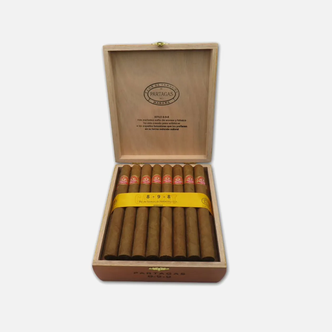 Partagás 8-9-8 Cigars in elegant wooden box display.