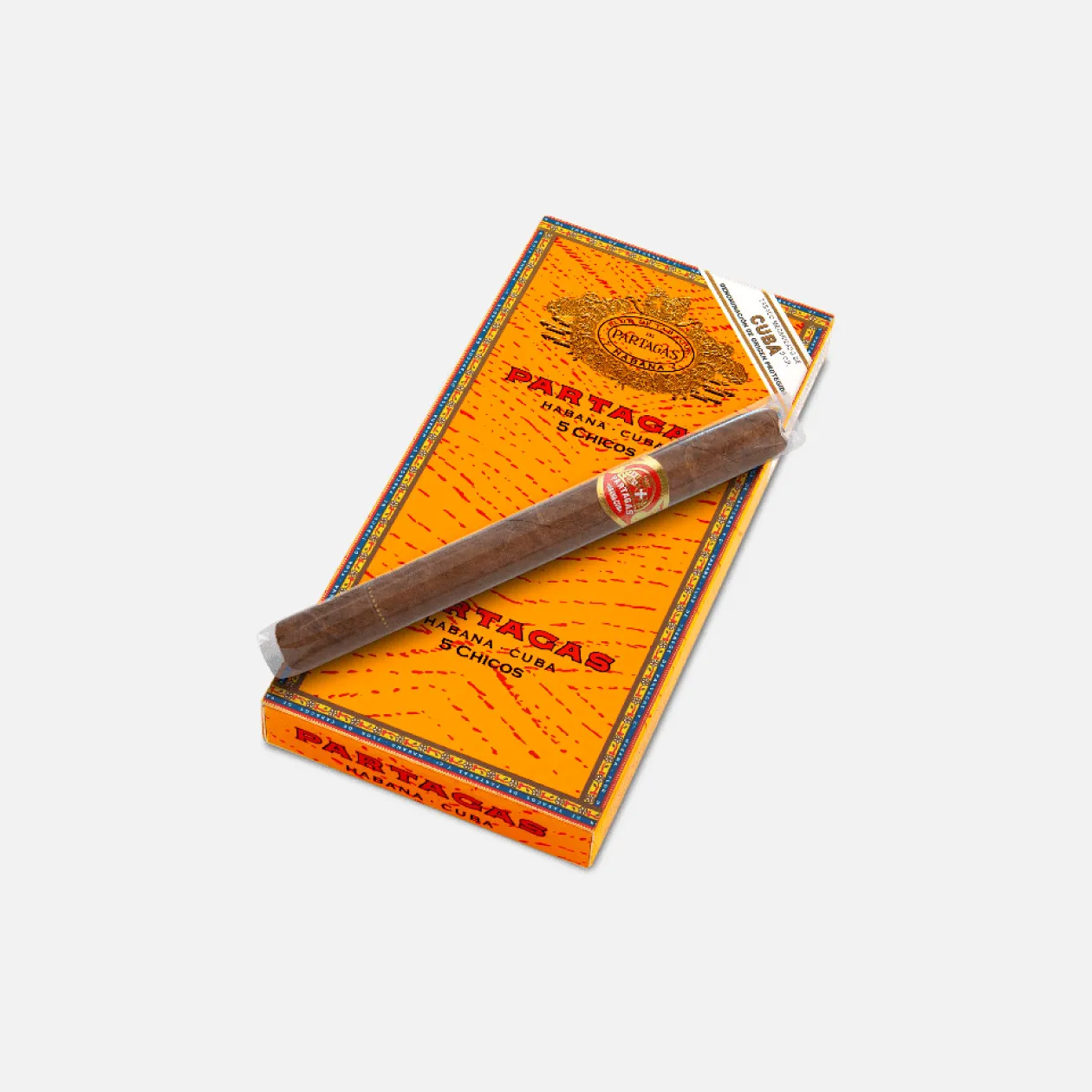 Partagas Chico Cuban cigars, vibrant orange box, classic and elegant design.