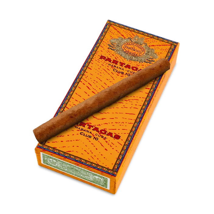 Partagas Club 10 Cuban cigars in vibrant orange packaging.