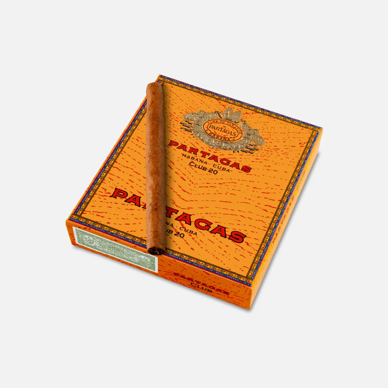 Partagás Club-20 Cuban cigars in vibrant orange box.