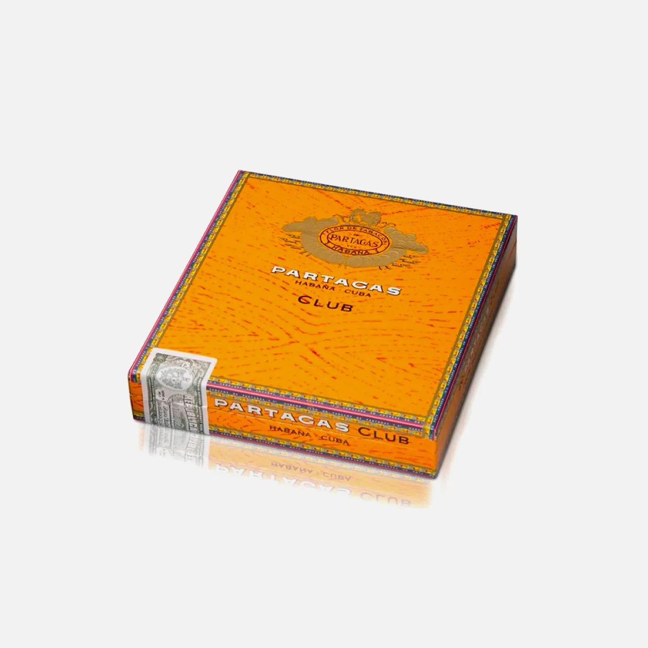 Partagas Club Cigar Box, vibrant orange design with elegant branding.