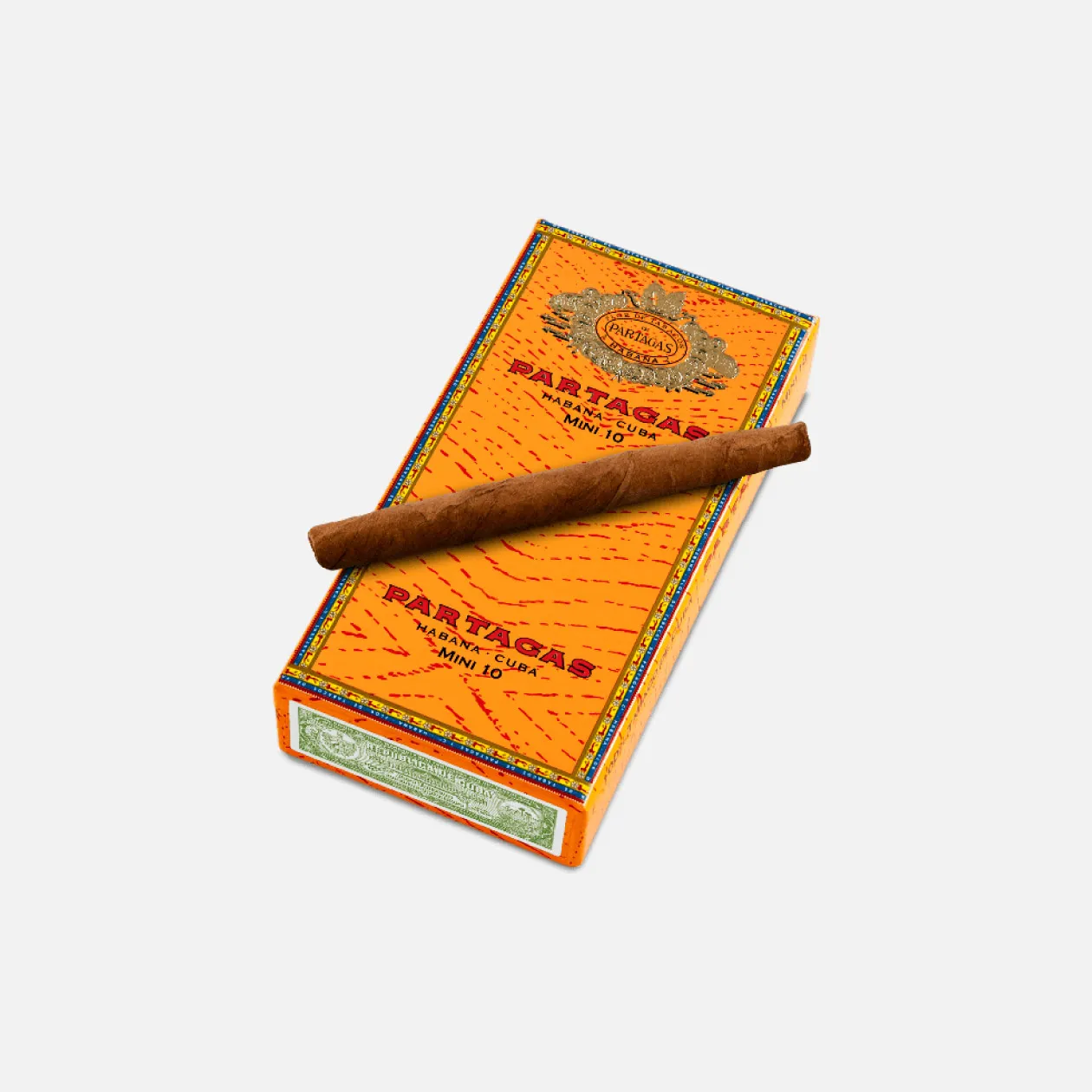 Partagás Mini cigar, Cuban, vibrant orange packaging.