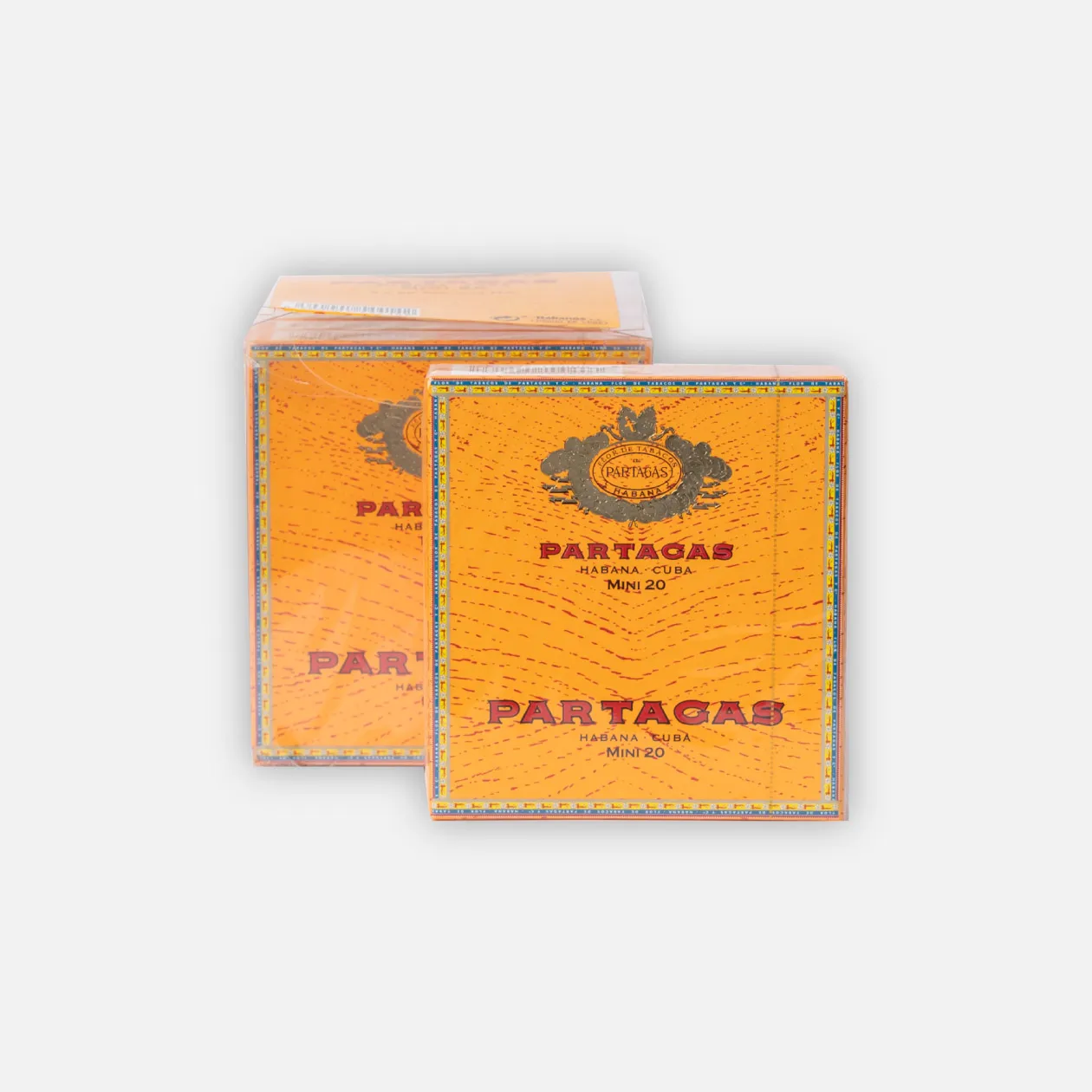 Partagas Mini 20 cigars, Cuban, bright orange packaging.