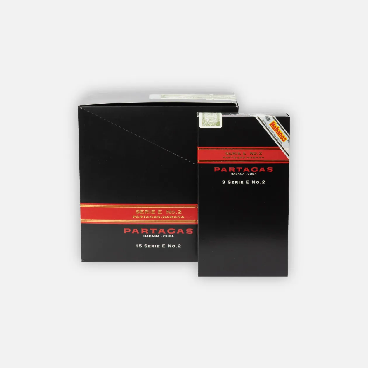 Partagas Serie E No.2, elegant black and red packaging.