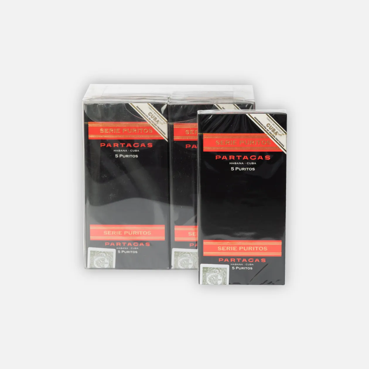 Partagas Serie Puritos, sleek black packaging, Cuban cigars.