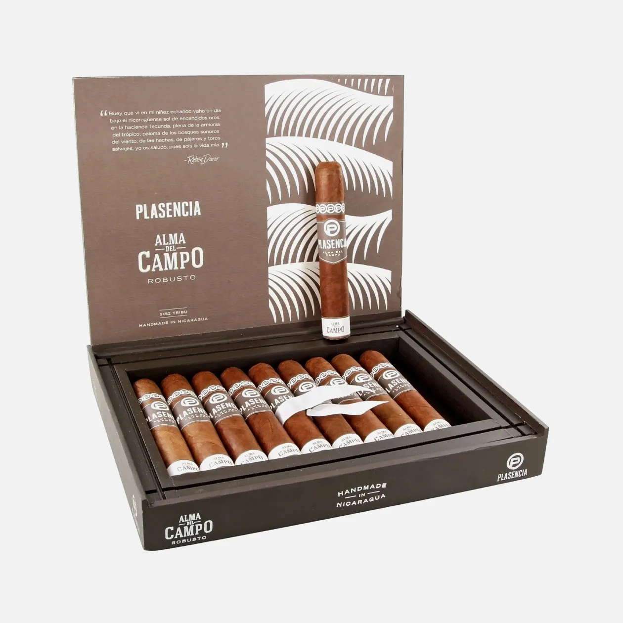 Plasencia Alma del Campo Robusto, elegant Nicaraguan handmade cigars in a sleek box.