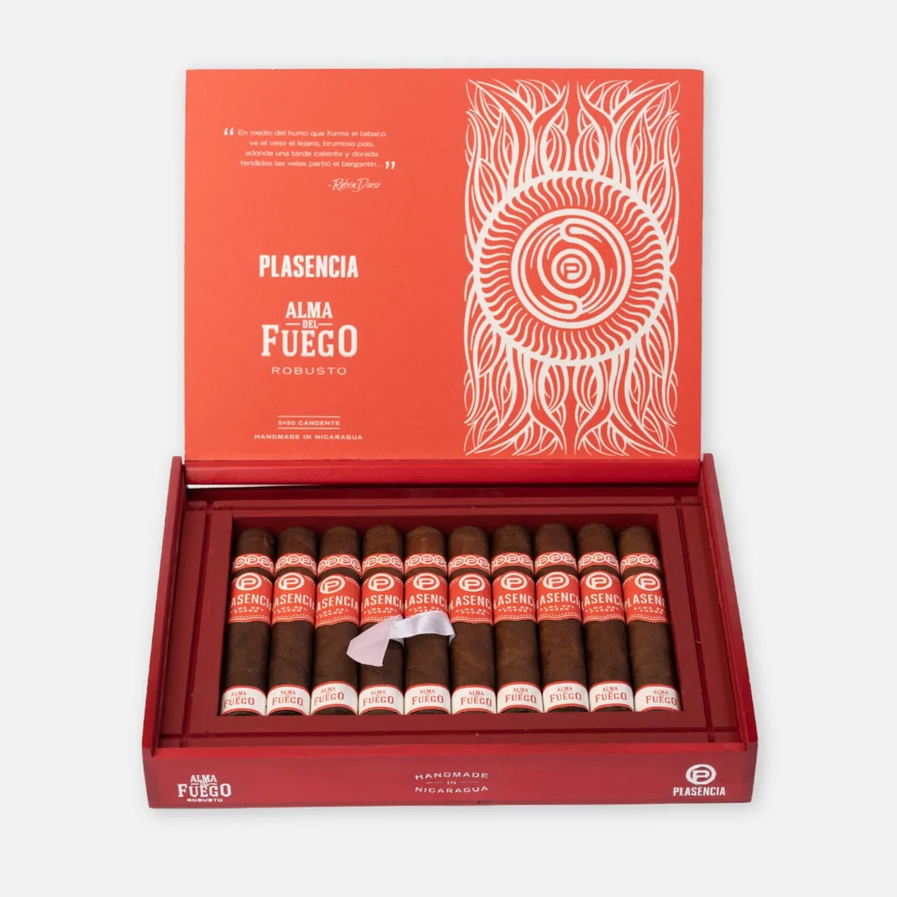 Plasencia Alma del Fuego Robusto cigars in a vibrant red box.
