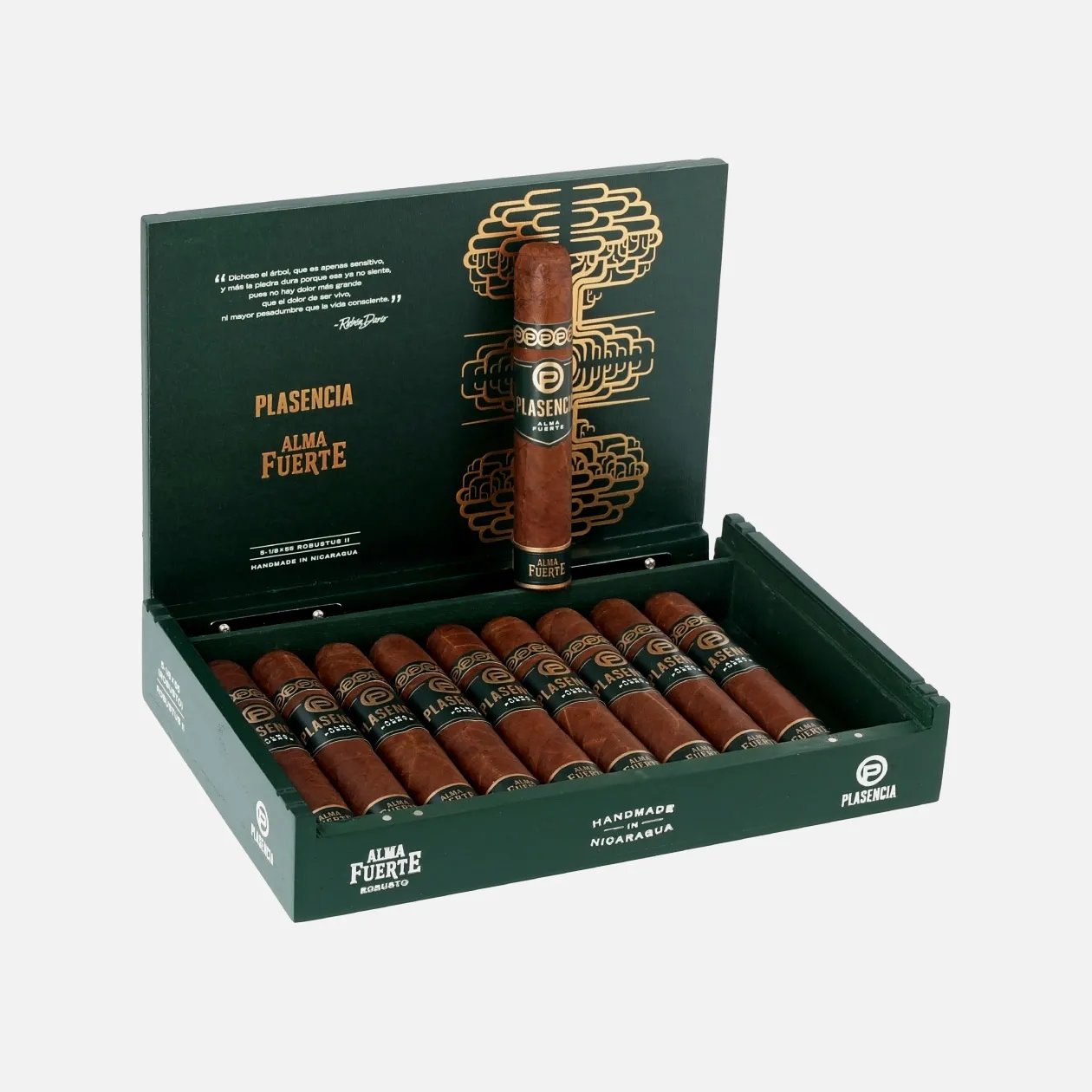Plasencia Alma Fuerte Robusto cigars in an elegant green box.